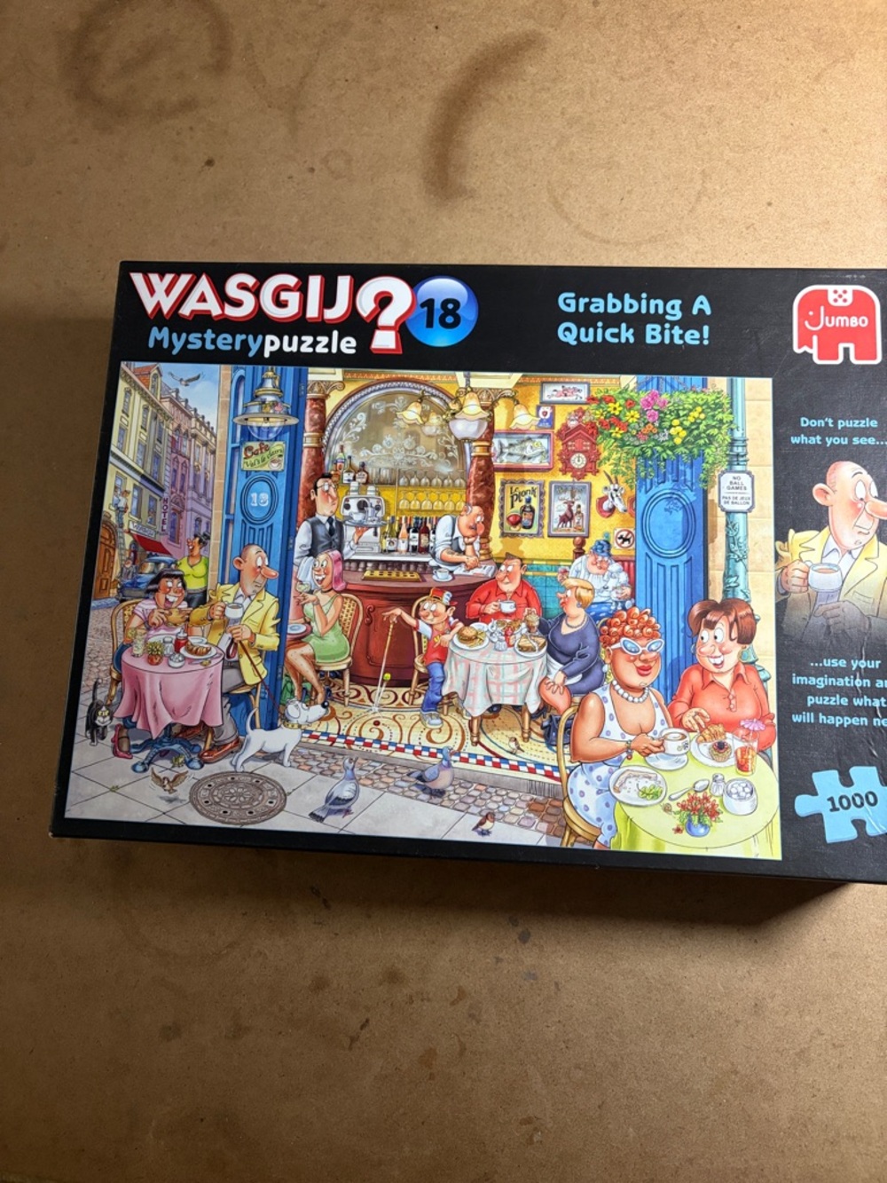 🧩 1000 piece Wasgij? Mystery Puzzle 18 “Grabbing A Quick Bite”. Fun! Complete.